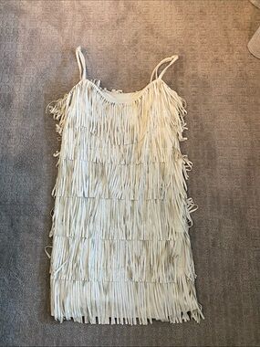 blue rain off-white fringe dress